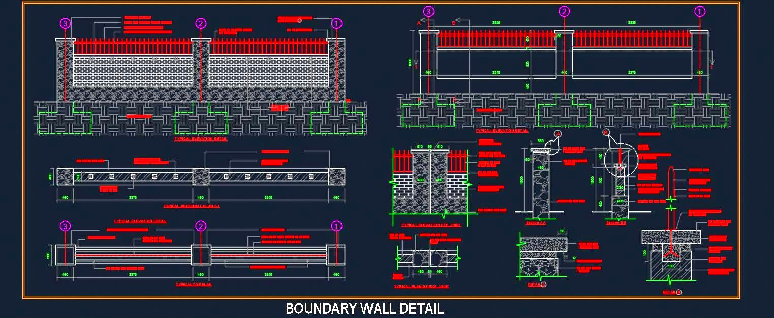 Boundary Wall CAD DWG Brick Masonry, MS Grill, RCC Pier Details